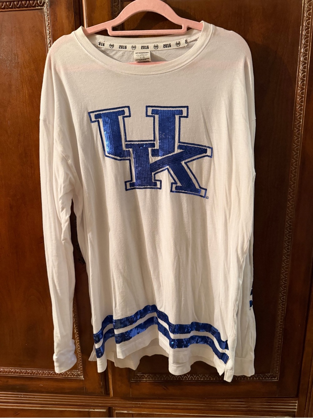 PINK Victoria's Secret White Long-Sleeve Tee with Blue Sequin UK Logo